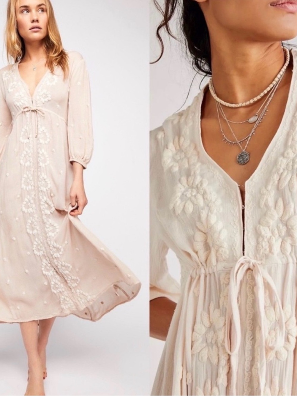 Free People Blush Floral Embroidered Midi Dress